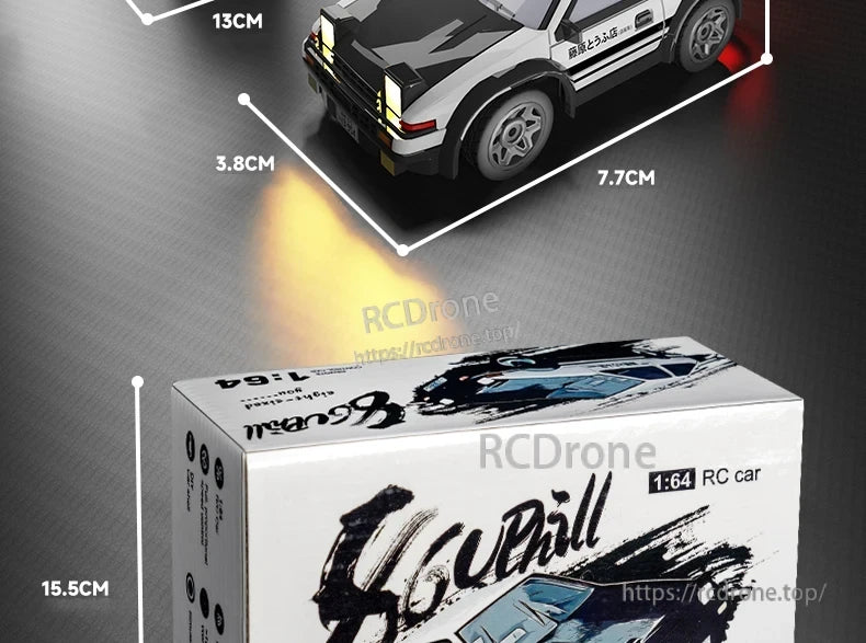JIKEFUN AE86 1/64 RC Drift Car, Mini 1:64 RC AE86 drift car, measures 13x7.7x3.8cm; packaged in a 15.5cm box—ideal for collectors and hobbyists.