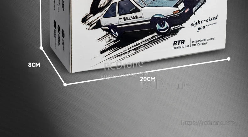 JIKEFUN AE86 1/64 RC Drift Car, AE86 1/64 RC drift car, ready-to-run with proportional control and customizable shell, measures 20cm x 8cm.
