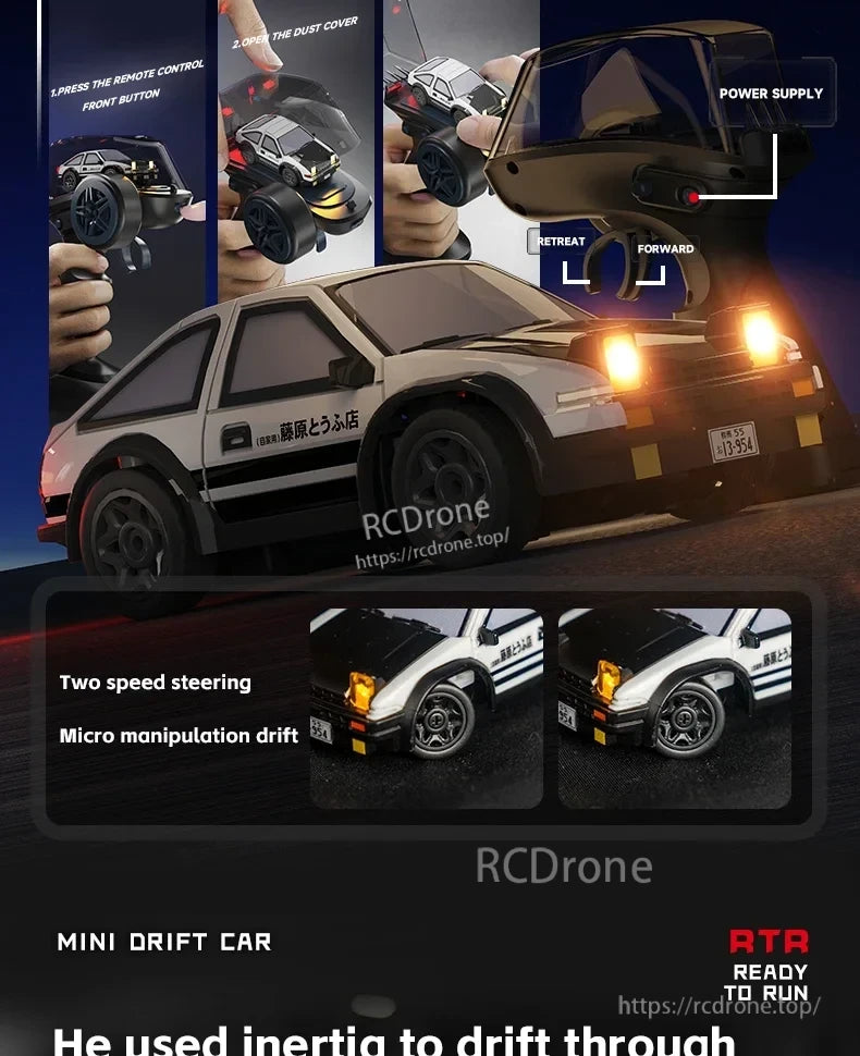 JIKEFUN AE86 1/64 RC Drift Car, Mini drift car with remote control, two-speed steering, micro drift, forward/reverse functions. Ready-to-run with power supply included.