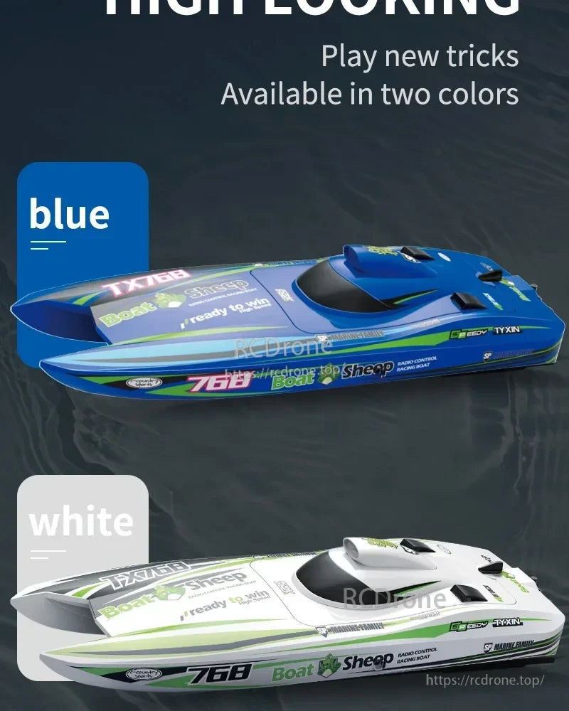 Jikefun TX768 RC boat in blue/white features "Boat Sheep" branding, "ready to win" slogan, and multiple logos—SP Marine-Trainee, EBOY, TYXIN—designed for racing. (24 words)