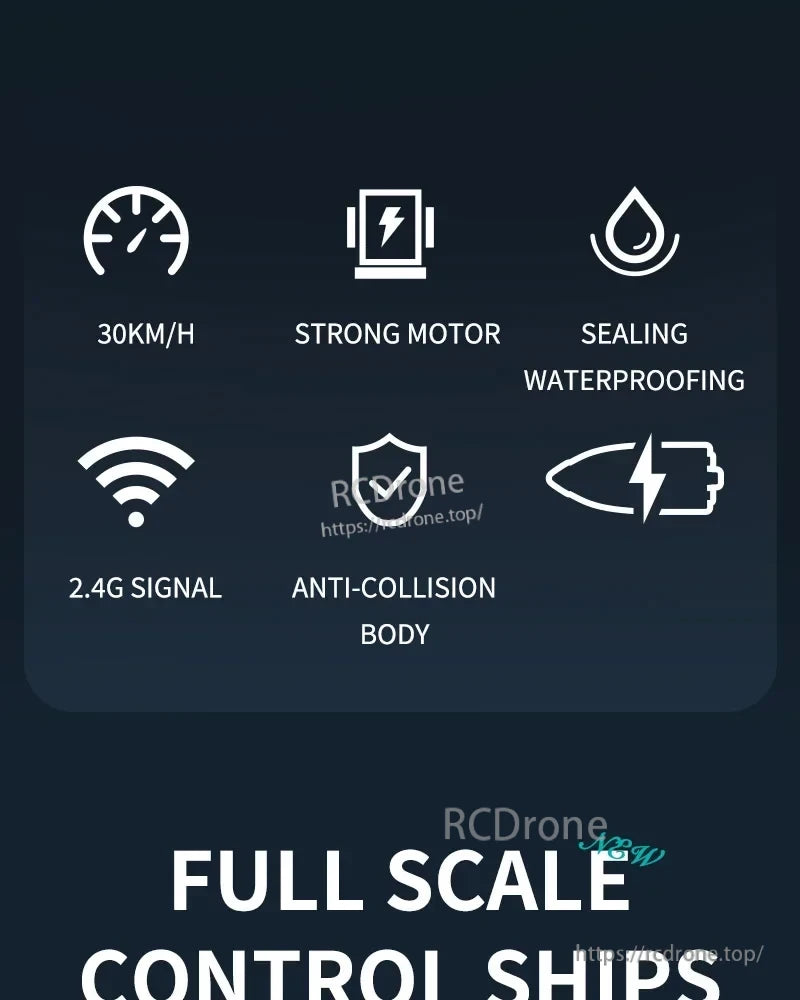 JIKEFUN TX768 RC Boat, High-speed 30km/h waterproof drone with powerful motor, 2.4G signal, anti-collision design, and full-scale control for reliable ship operation.