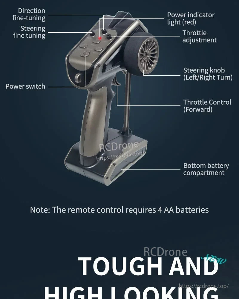 JIKEFUN TX768 RC Boat, Remote control features steering, throttle, power switch, adjustment knob, and battery compartment; requires 4 AA batteries; durable, sleek design.