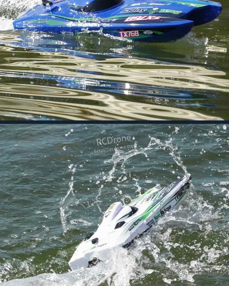 JIKEFUN TX768 RC boat with turbojet speed and brushless ESC, suitable for high-speed water use.