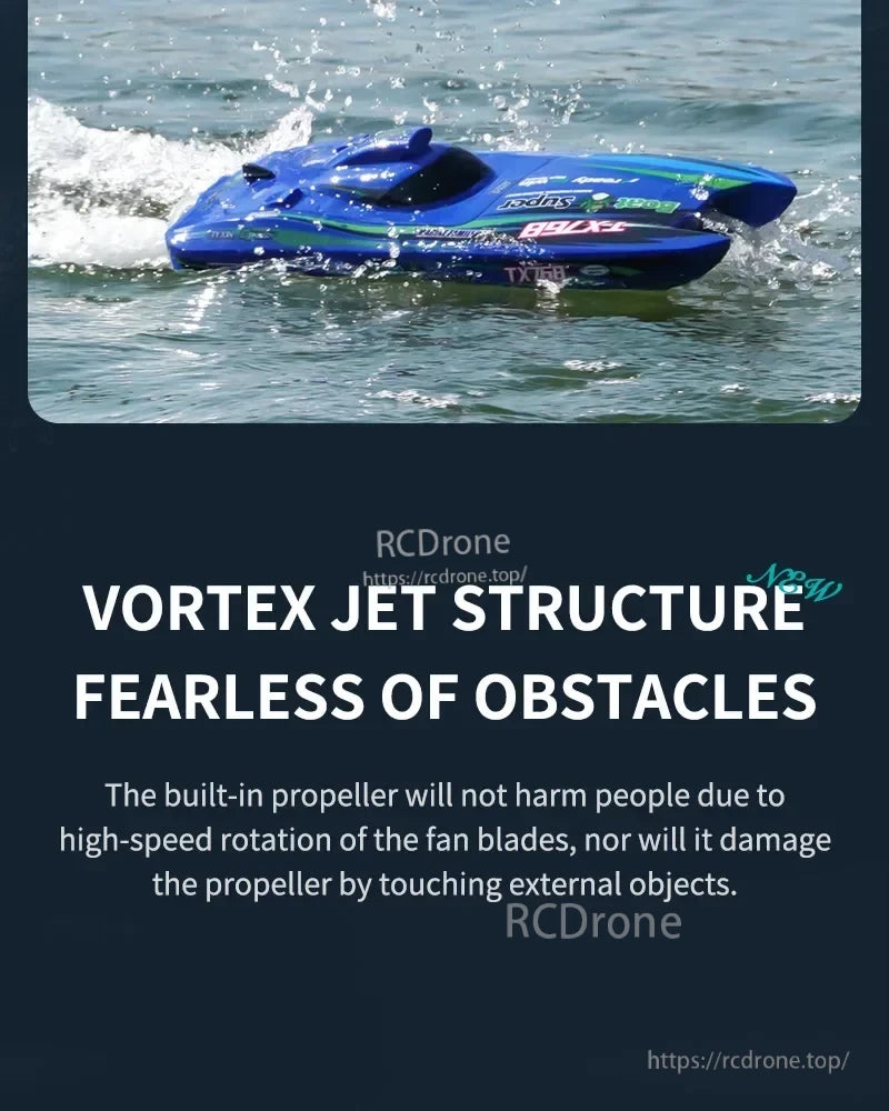 JIKEFUN TX768 RC Boat, Vortex jet design avoids obstacles; built-in propellers are safe for people and durable against damage.