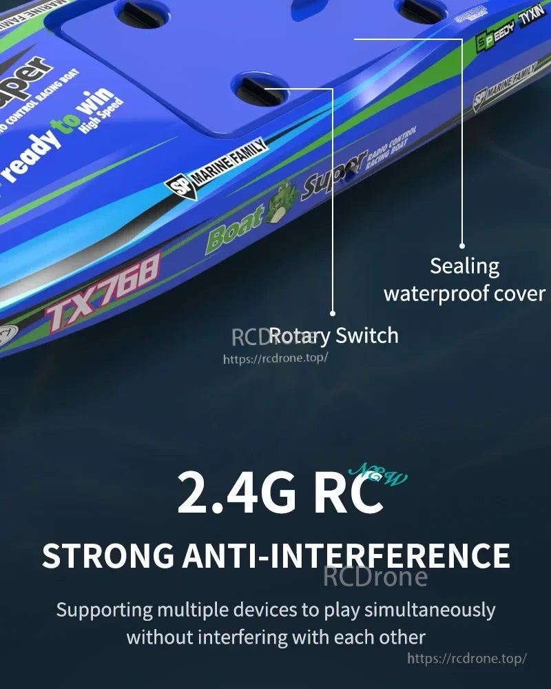 The JIKEFUN TX768 RC boat features 2.4G radio control, waterproof cover, rotary switch, strong anti-interference, and supports multiple devices simultaneously.
