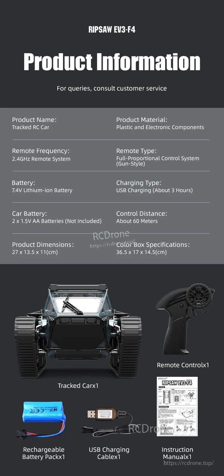 JJRC C8812 RC Tank, RIPSAW EV3-F4 remote-controlled tracked car with 2.4GHz remote, 7.4V Li-ion battery, USB charging, 60m range. Includes accessories. Compact 27x13.5x11cm design.
