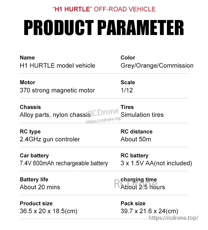 JJRC Q121 RC CAR, H1 HURTLE 1/12 scale off-road RC vehicle with 370 motor, alloy/nylon chassis, simulation tires, 2.4GHz controller, 50m range, 7.4V battery, 20min runtime, 2.5hr charge, sized 36.5x20x18.5cm.