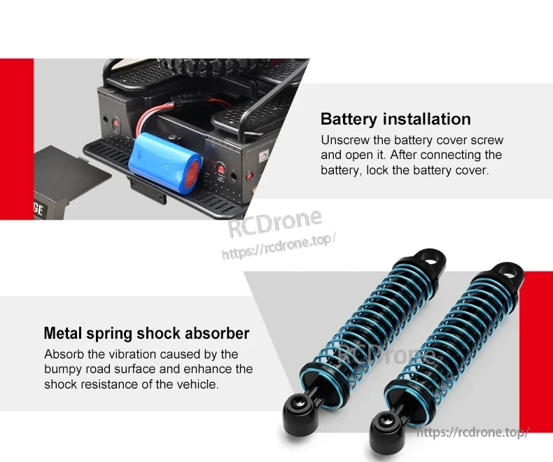 JJRC Q121 RC CAR, Install battery by removing cover, connecting battery, and securing cover. Metal spring shock absorbers minimize vibration and enhance durability.