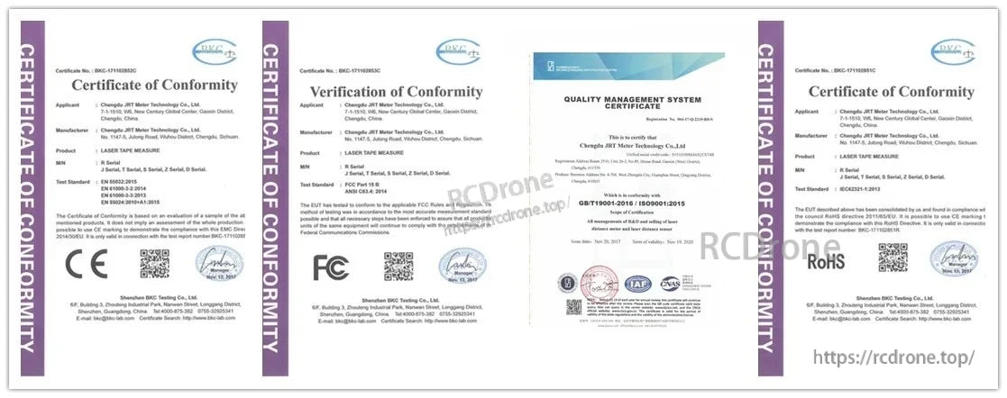 Jrt 1200m Laser Distance Sensor, Changde JRT Meter's laser tape measure has CE, FCC, RoHS, ISO 9001:2015, and EN certifications, ensuring quality, safety, and performance compliance.