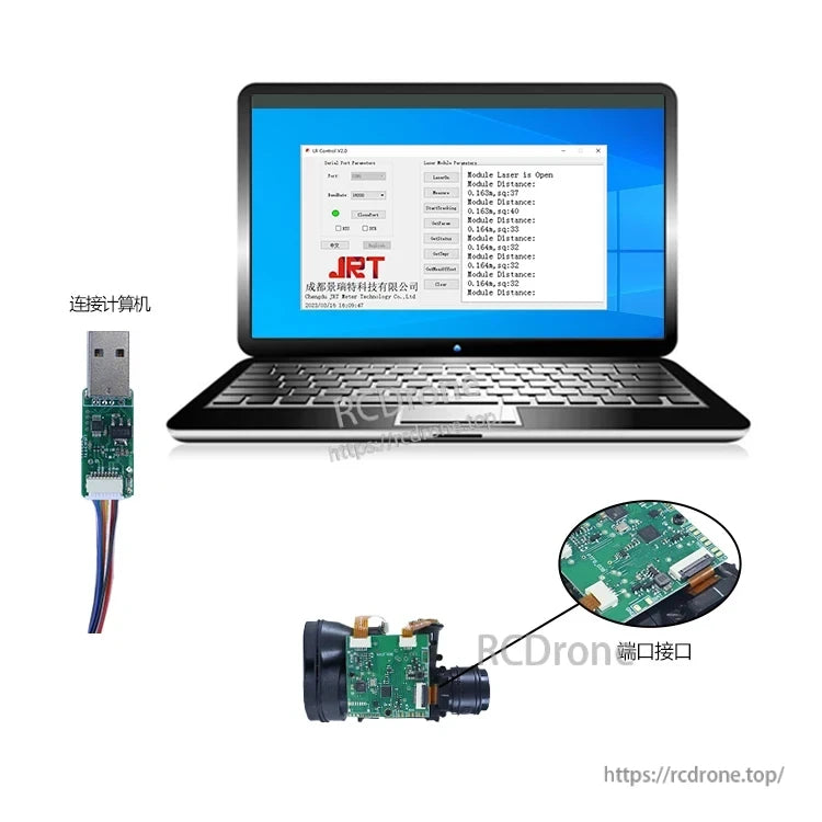 JRT 1200m laser distance sensor connects to a computer via USB for data display and control using software.