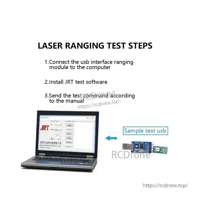 JRT BA6A Laser Distance Sensor, Connect USB module, install JRT software, send test command via laptop to perform laser ranging test.