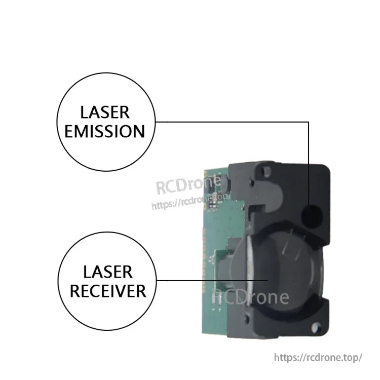 JRT DIY Digital Laser Meter Inspection Sensor, A small module measures 64x40x18mm, weighing 13g, with certifications including ISO9001, CE, RoHS, and FCC.