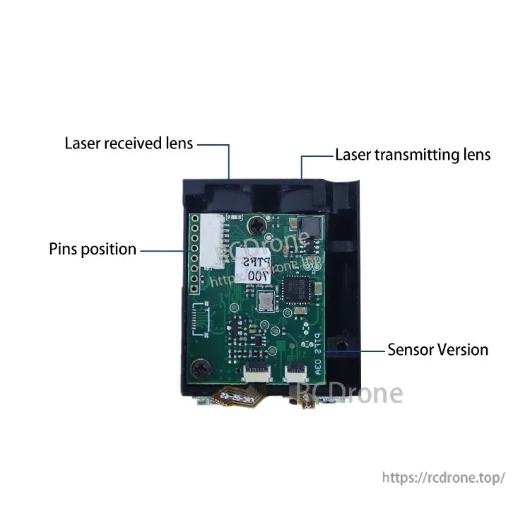 JRT TOF Laser Lidar features labeled laser transmit/receive lenses, pin positions, and sensor version for clear identification and technical reference.