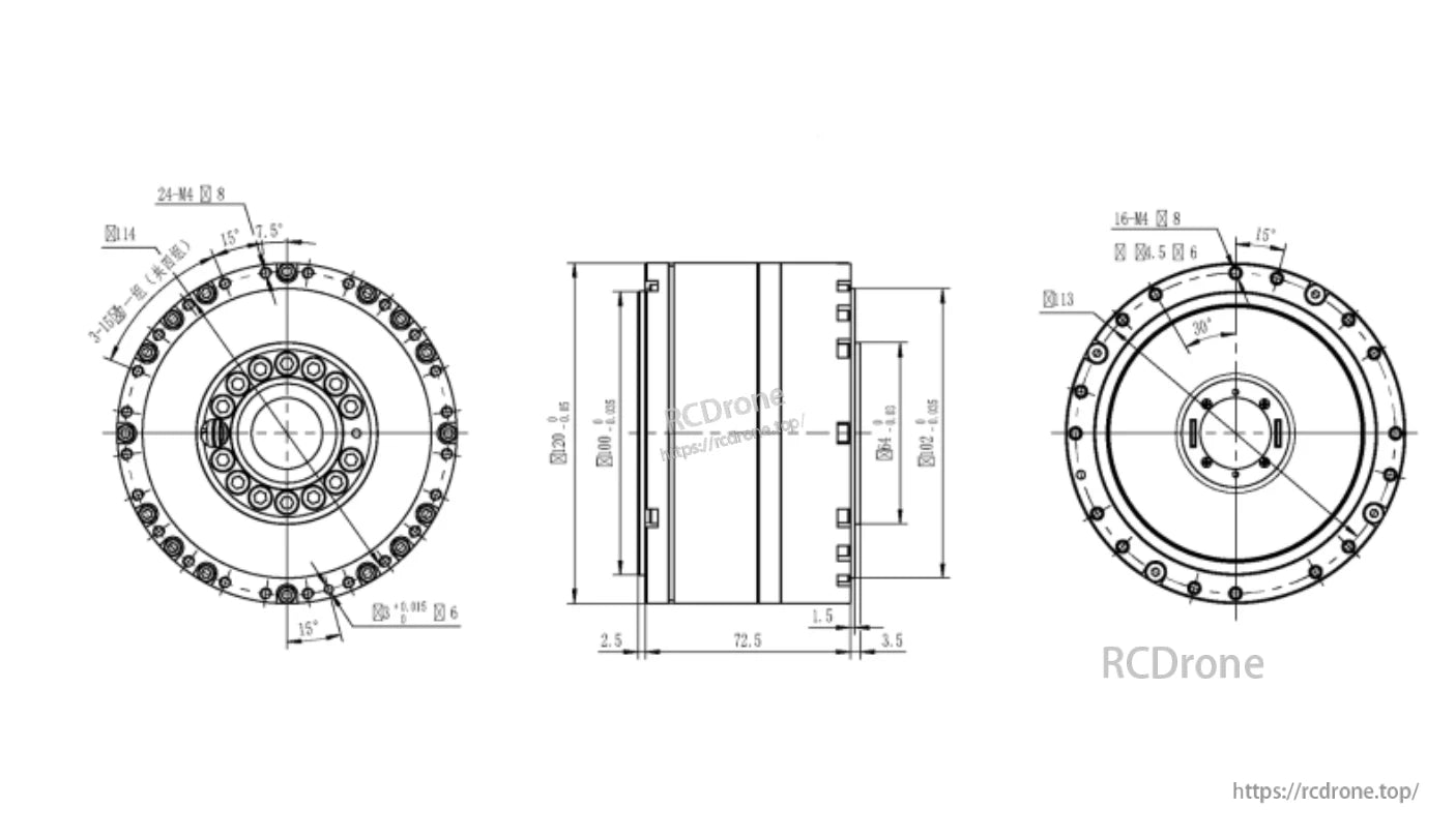 JUXIE INTELLIGENT CE-HM-R120 Series Robot Motor, Technical drawing of a robot motor showing dimensions, bolt specs, and angles for accurate assembly and manufacturing.