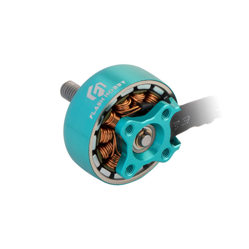 Flashhobby K2207.5 brushless DC motor with teal housing, threaded shaft, copper windings, and mounting base
