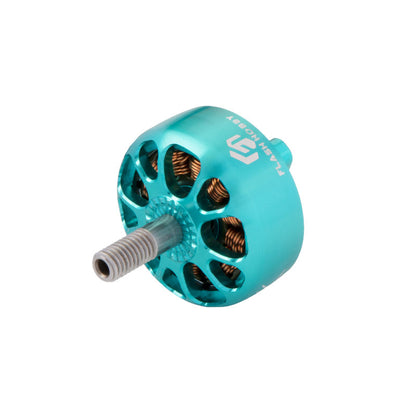 Flashhobby K2207.5 brushless DC motor with teal vented bell, copper windings, and threaded output shaft