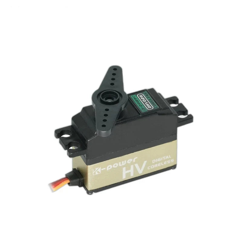 Black and gold Kpower DHV026 servo with a double-arm horn fitted, mounting tabs, and a short three-color wire lead.