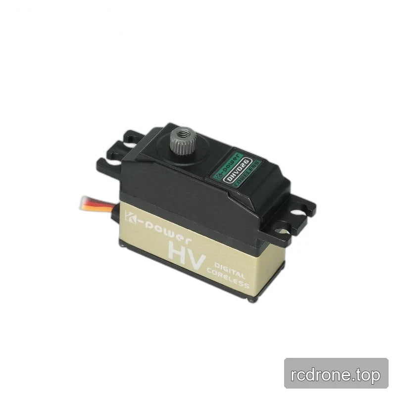 Three-quarter view of the DHV026 servo showing its gold HV DIGITAL CORELESS side panel, top label, and exposed shaft.
