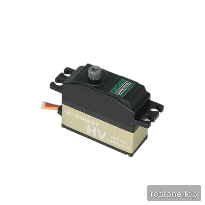 Three-quarter view of the DHV026 servo showing its gold HV DIGITAL CORELESS side panel, top label, and exposed shaft.