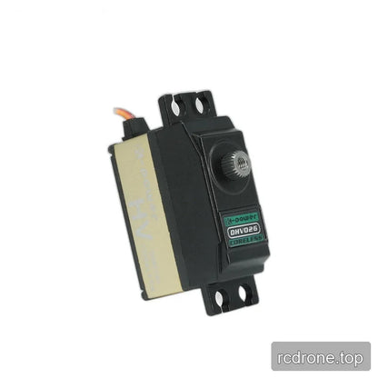 Diagonally upright servo showing the DHV026 CORELESS top label, threaded splined shaft, and slotted mounting tabs.