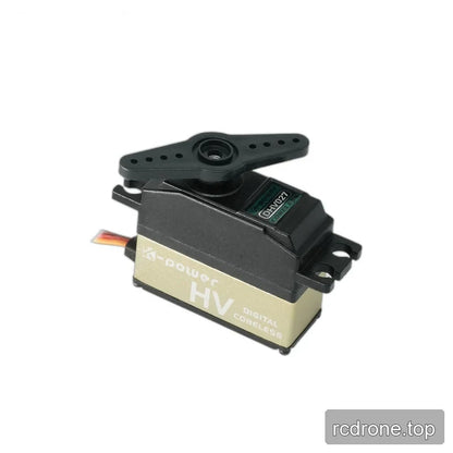 Angled view of the DHV027 servo with a crosswise double-ended horn and gold side panel marked HV Digital Coreless.