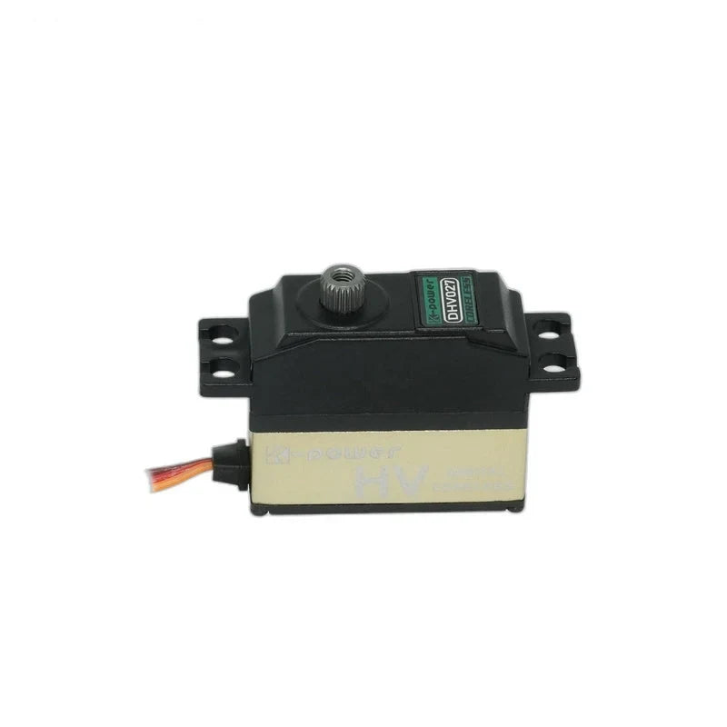 Kpower DHV027 servo without a horn, showing the metal splined output shaft, mounting holes, and gold side panel.