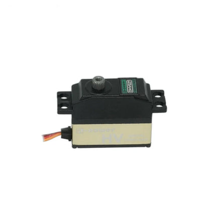 Kpower DHV027 servo without a horn, showing the metal splined output shaft, mounting holes, and gold side panel.