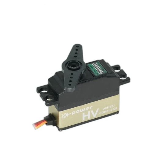 Black and gold Kpower DHV027 servo with double-ended horn pointing forward, mounting tabs, and short cable.