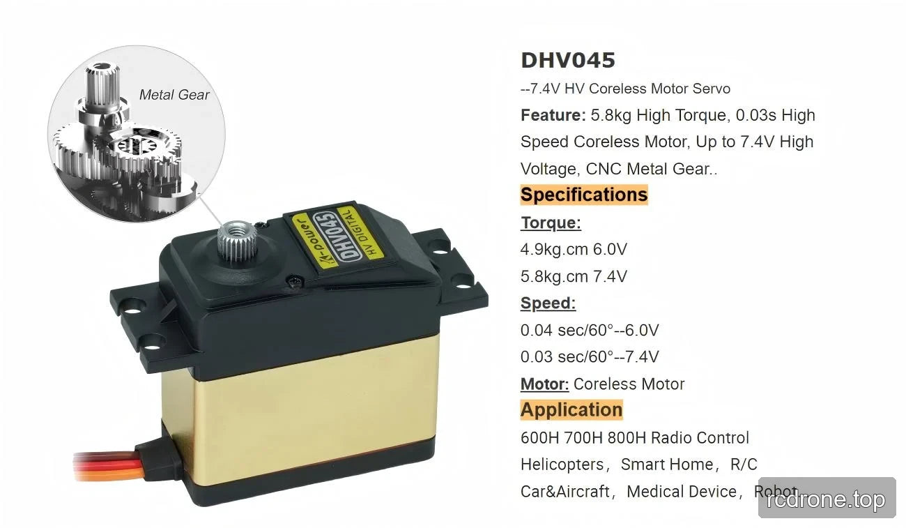 Kpower DHV045 specification panel with metal gears and voltage-conditioned torque and speed