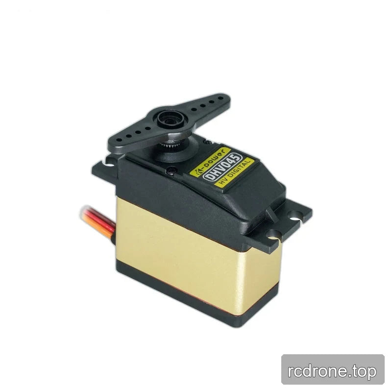 Black and gold servo with a double-arm horn attached to the output shaft, shown at an angle with mounting tabs visible.