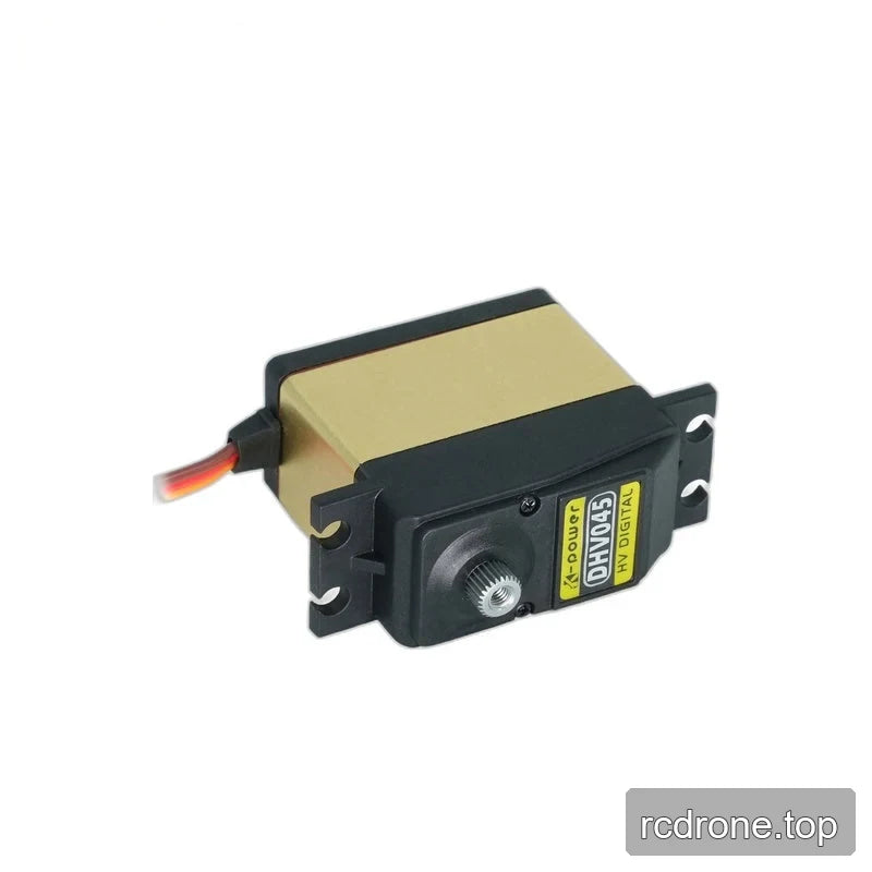 DHV045 servo lying horizontally with its gold casing, exposed splined shaft, labeled black face, and left-side wire lead.
