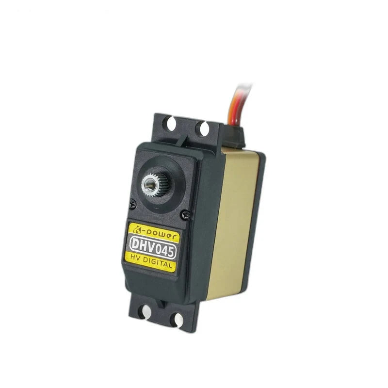 Upright DHV045 servo showing the front label, splined output shaft, gold side panel, and four mounting holes.