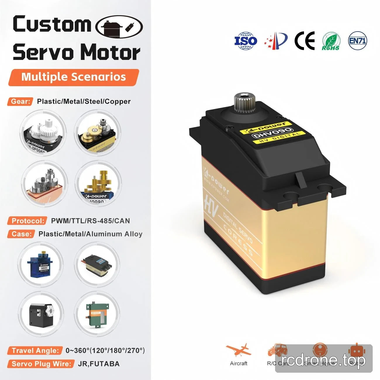 Gold-and-black DHV090 servo beside general servo customization examples