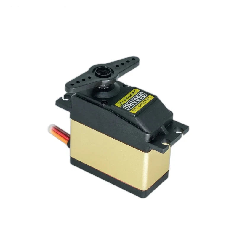 Black and gold DHV090 servo shown at an angle with a two-arm horn attached and mounting tabs visible.