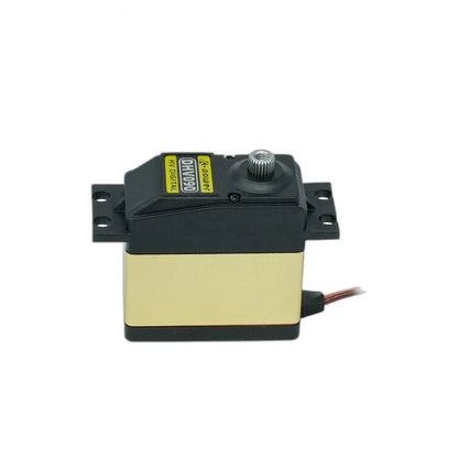 Black and gold servo with exposed splined output shaft, four mounting holes, and a cable extending to the right.