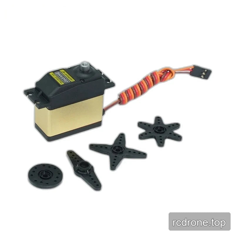 DHV090 servo with coiled lead and connector, alongside round, two-arm, four-arm, and six-arm black servo horns.