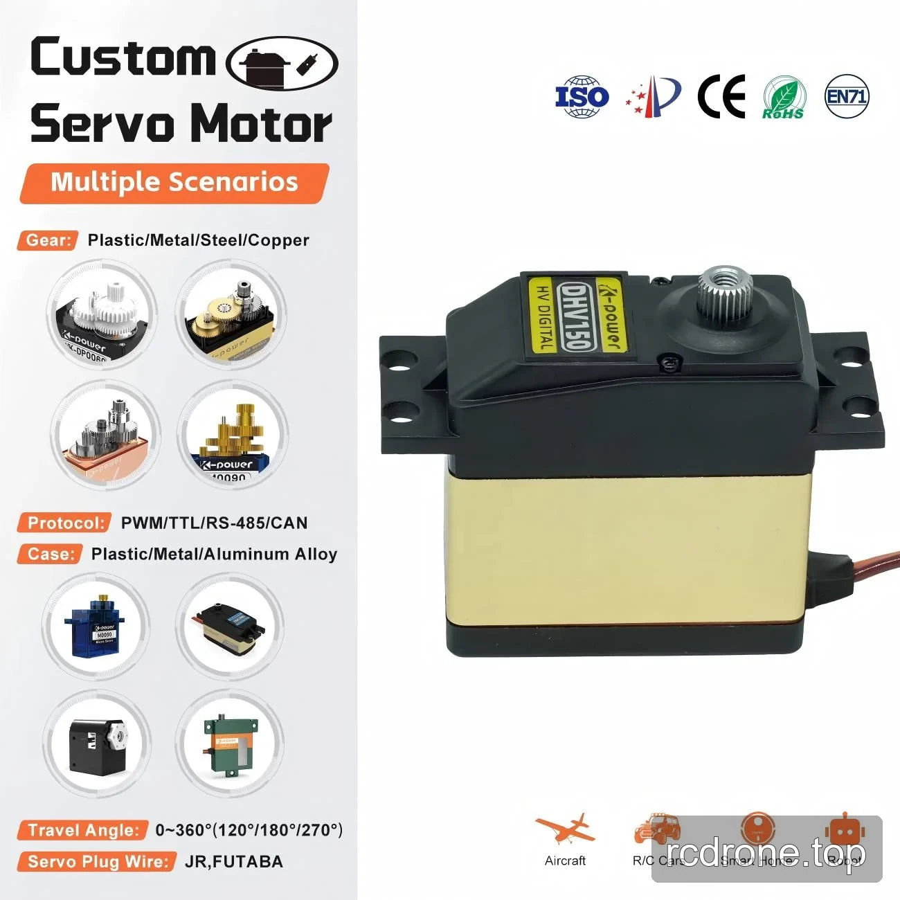 Kpower DHV150 servo beside generic gear, housing, protocol and travel-angle customization references