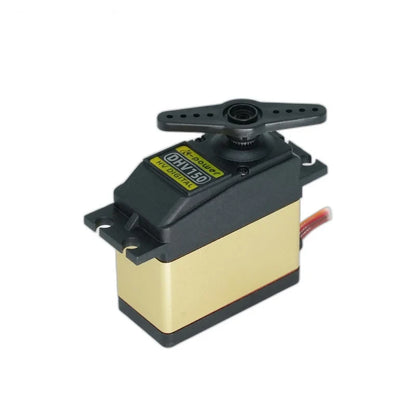 DHV150 servo in three-quarter view with a black double-arm horn fitted above the gold housing and mounting tabs.