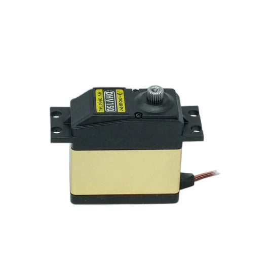Black and gold DHV150 servo with exposed splined shaft, four mounting holes, and cable exiting to the right.