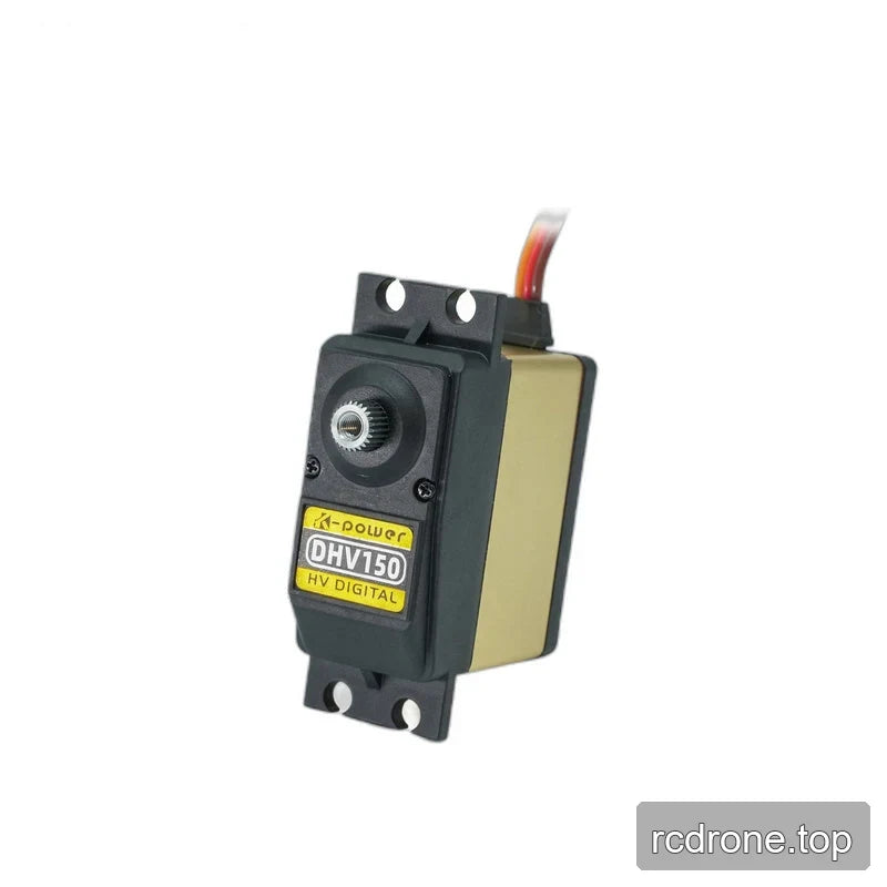 Vertically oriented DHV150 servo showing the labeled face, exposed splined shaft, gold side panel, and mounting holes.