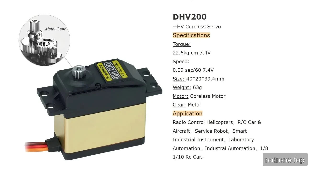 DHV200 coreless servo specifications, metal gear detail and application list
