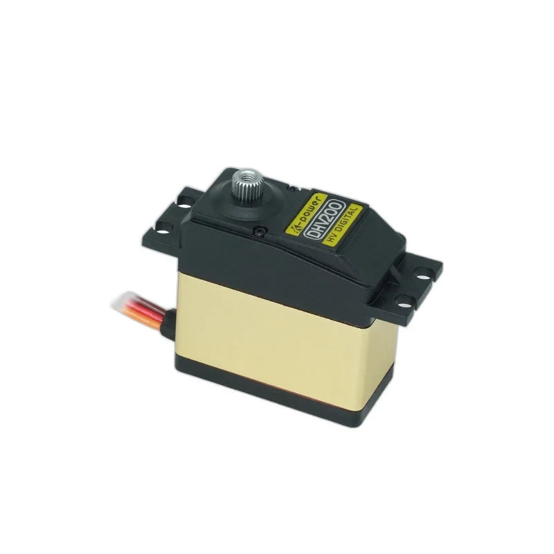Black and gold servo viewed from above at an angle, with DHV200 label, splined output shaft and mounting holes visible.
