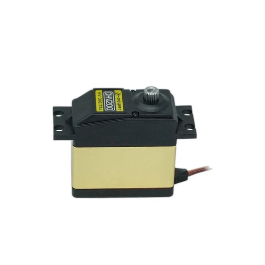 Black and gold DHV200 servo standing upright, showing its broad side, splined shaft, mounting tabs and right-side wire.