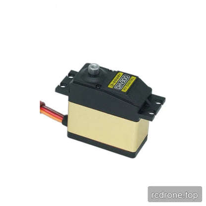Angled servo view showing the broad gold housing, yellow DHV300 label, mounting holes, and colored wires extending left.