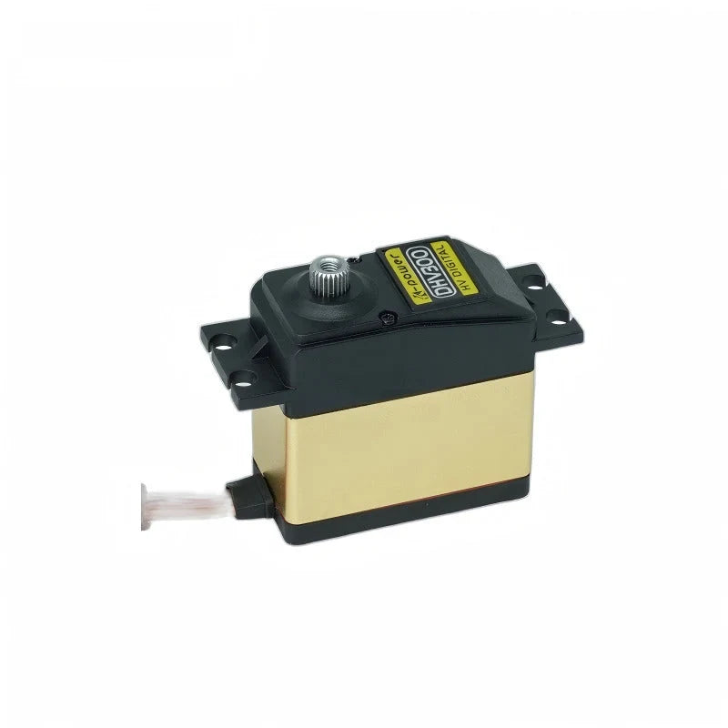 Black and gold DHV300 servo in three-quarter view, showing the splined shaft, mounting tabs, and left-side cable.
