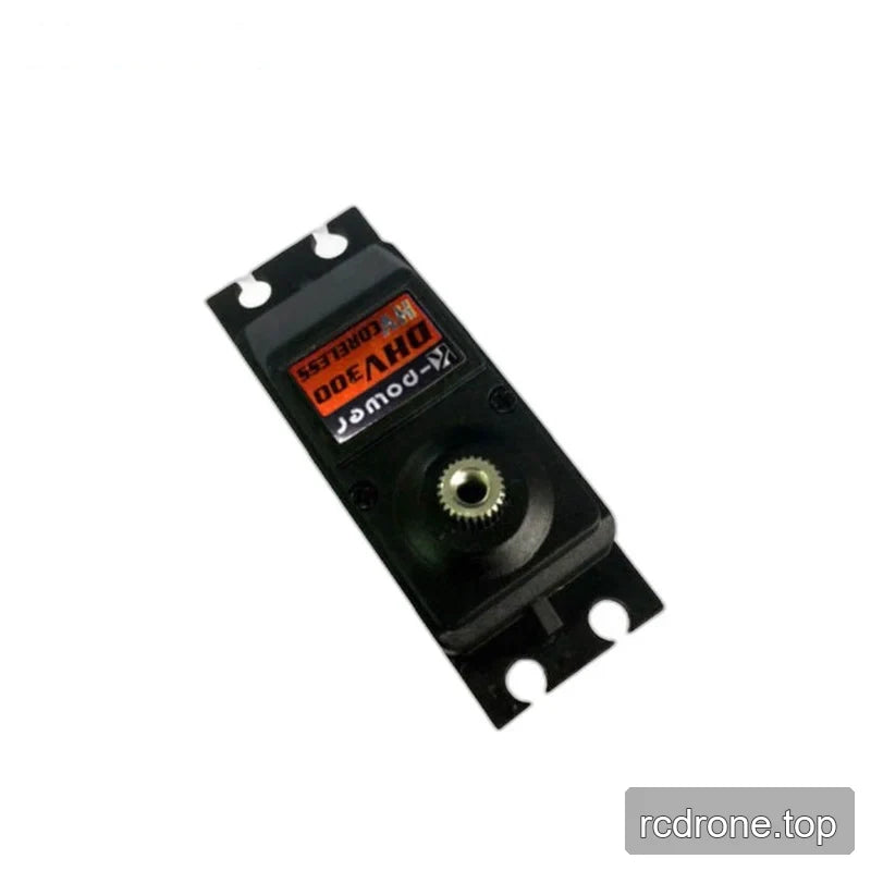 Black servo output face with splined shaft, mounting slots, screws, and an orange DHV300 HV CORELESS label.