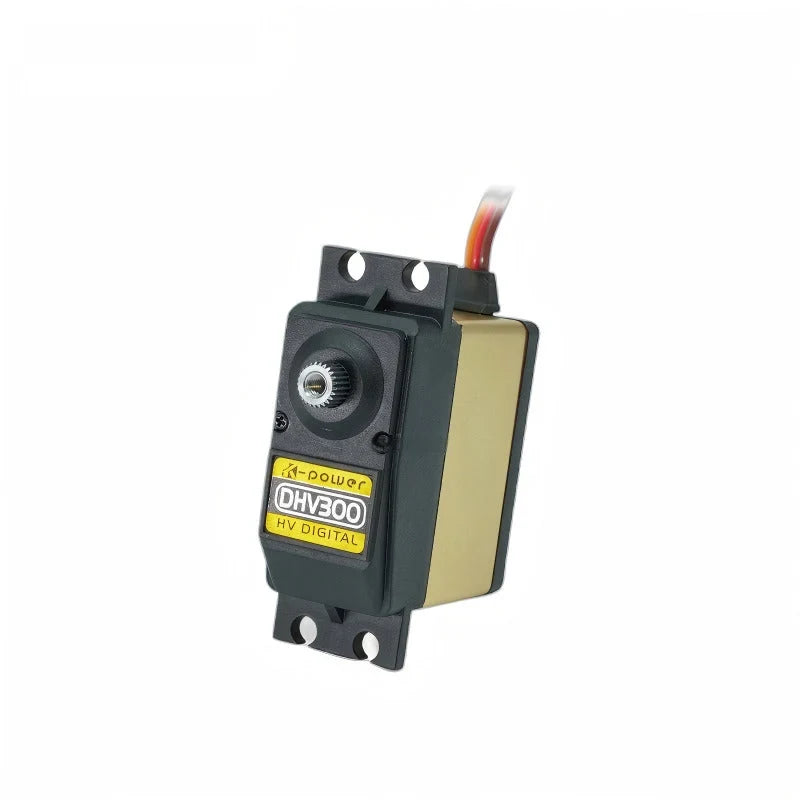 Upright DHV300 servo with HV DIGITAL label, exposed output shaft, gold side panel, and cable extending upward.