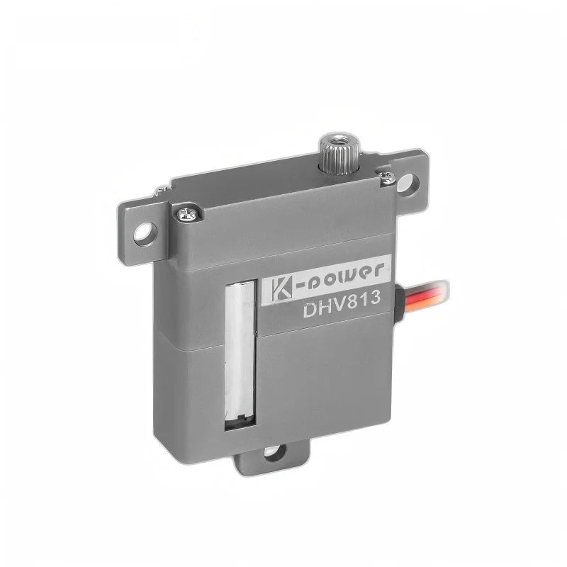 Gray DHV813 servo viewed from the left, showing its labeled face, splined shaft, mounting tabs, and side wires.