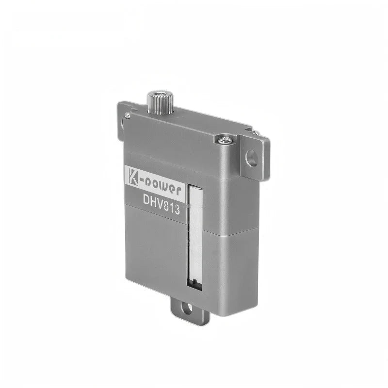 Gray servo viewed from the right, with its casing depth, DHV813 label, splined output shaft, and mounting holes visible.
