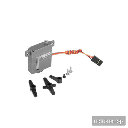DHV813 servo with coiled lead and connector, displayed beside three black servo horns and three screws.
